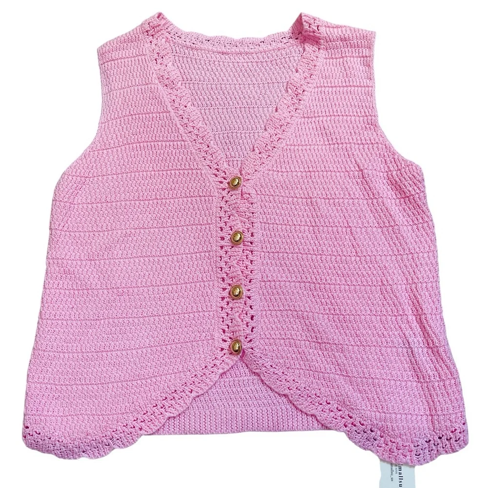 Pink Crochet Sleeveless Cardigan vest feminine - Picture 2 of 4